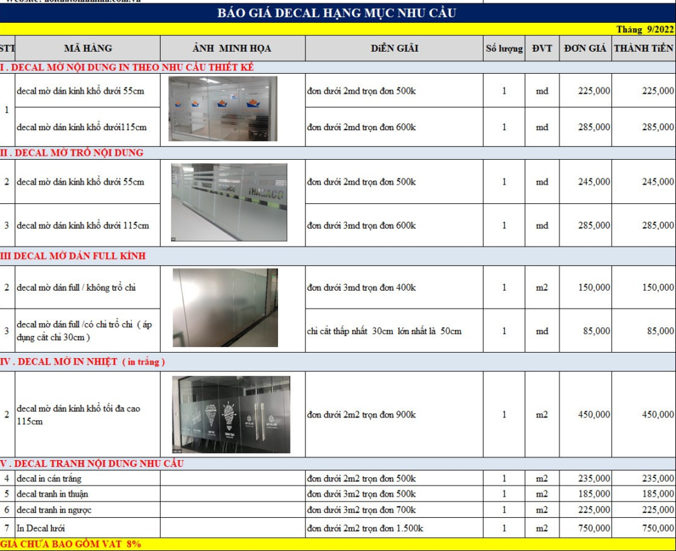 Báo giá thi công decal dán kính Mỹ Tho, Tiền Giang chất lượng giá rẻ 10 bao gia decal